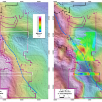 Figure 3. A property scale gravity image (left) highlights the location of a potential buried intrusive, which is shown as a blue embayment in the center of the figure. A regional, RTP, airborne magnetics image with an overlay of IP chargeability dat